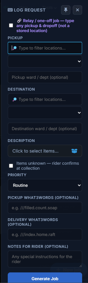 The log request panel with location pickers, items and what3words fields