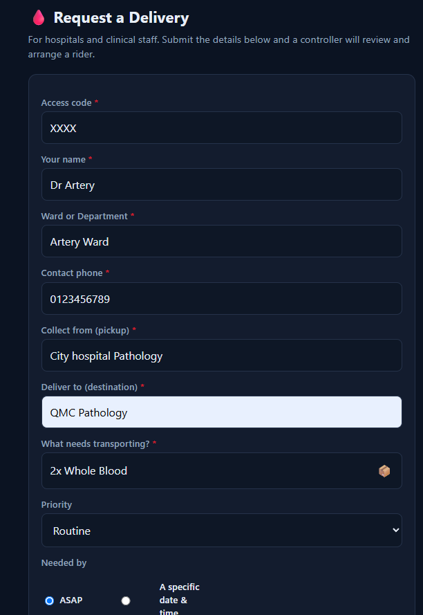 The hospital request portal form as ward staff see it