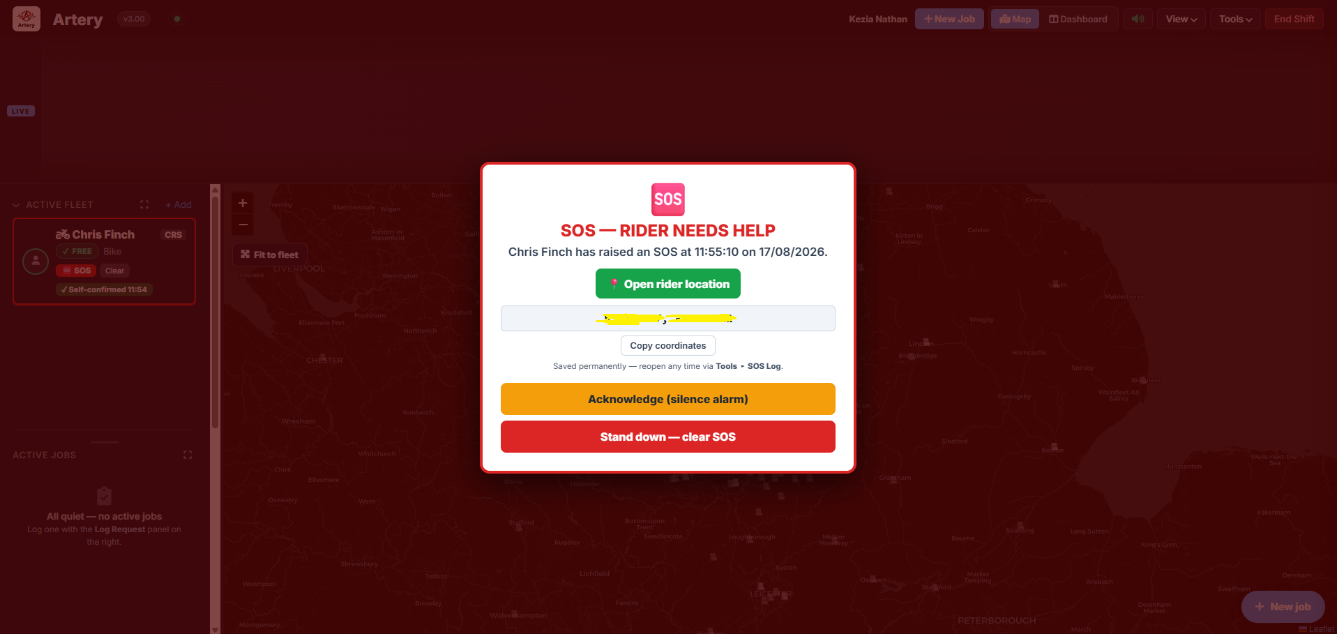 The SOS alert as a controller sees it, with time raised and copyable coordinates