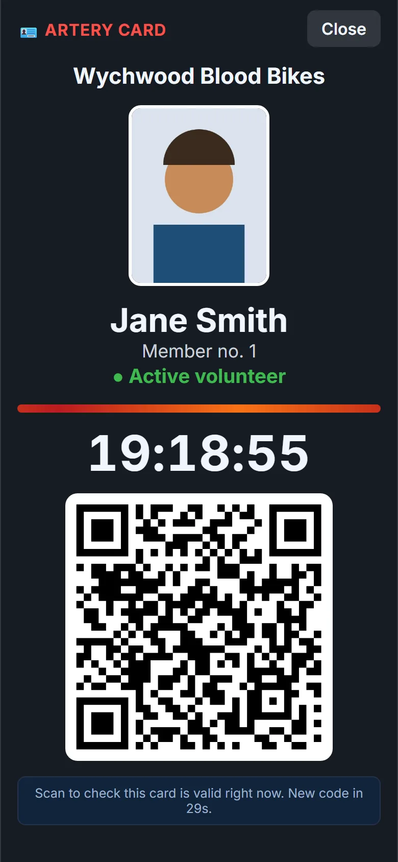 The Artery card on a phone: photo, name, member number and a QR code that keeps changing