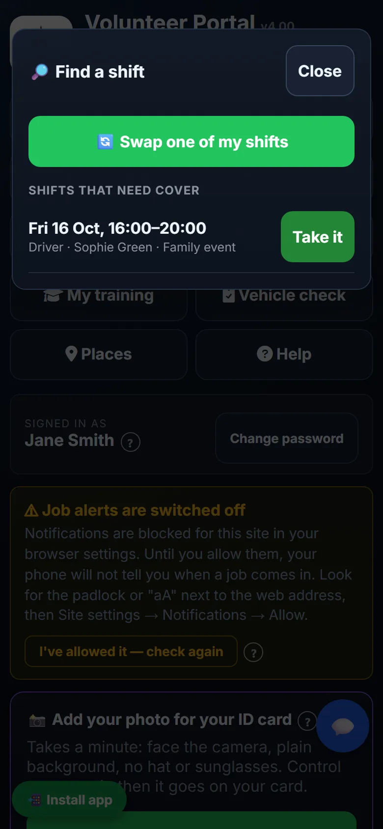 Find a shift on a volunteer's phone, with a shift that needs cover and a Take it button