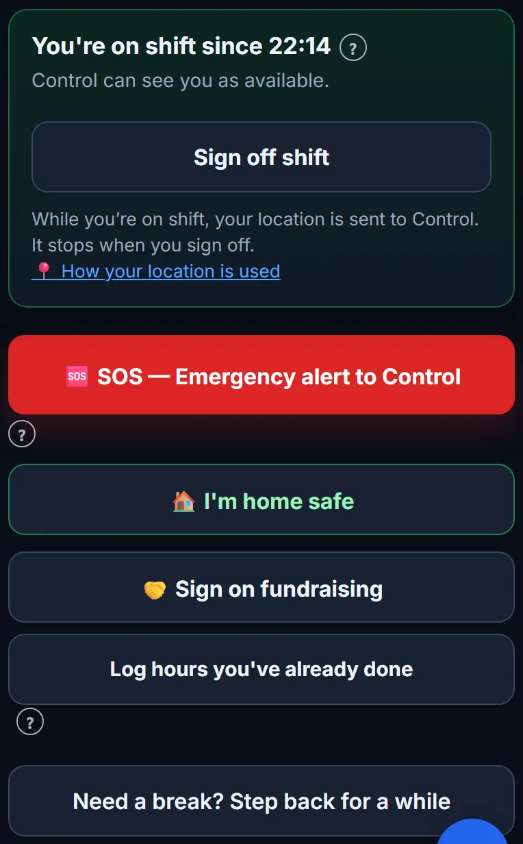 The volunteer's shift card with SOS and I'm home safe buttons