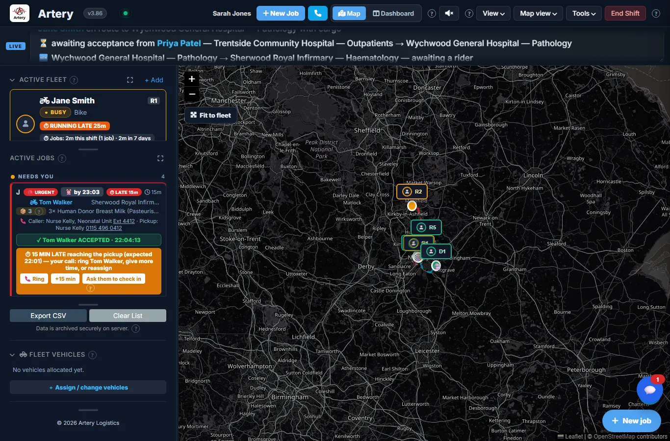 The Map view: riders on shift and active jobs beside a live map