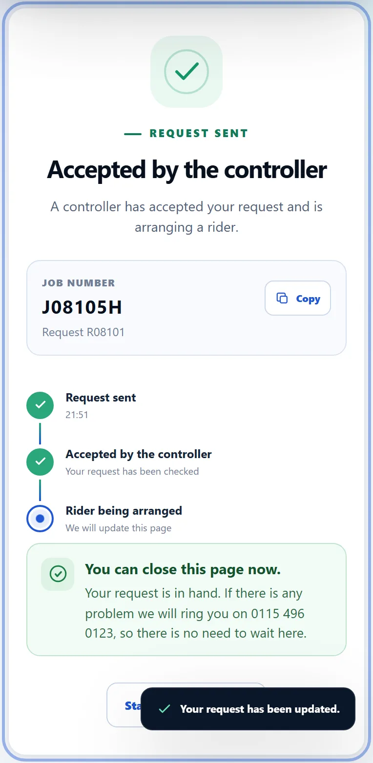 The ward's page after the request is accepted, showing the job number