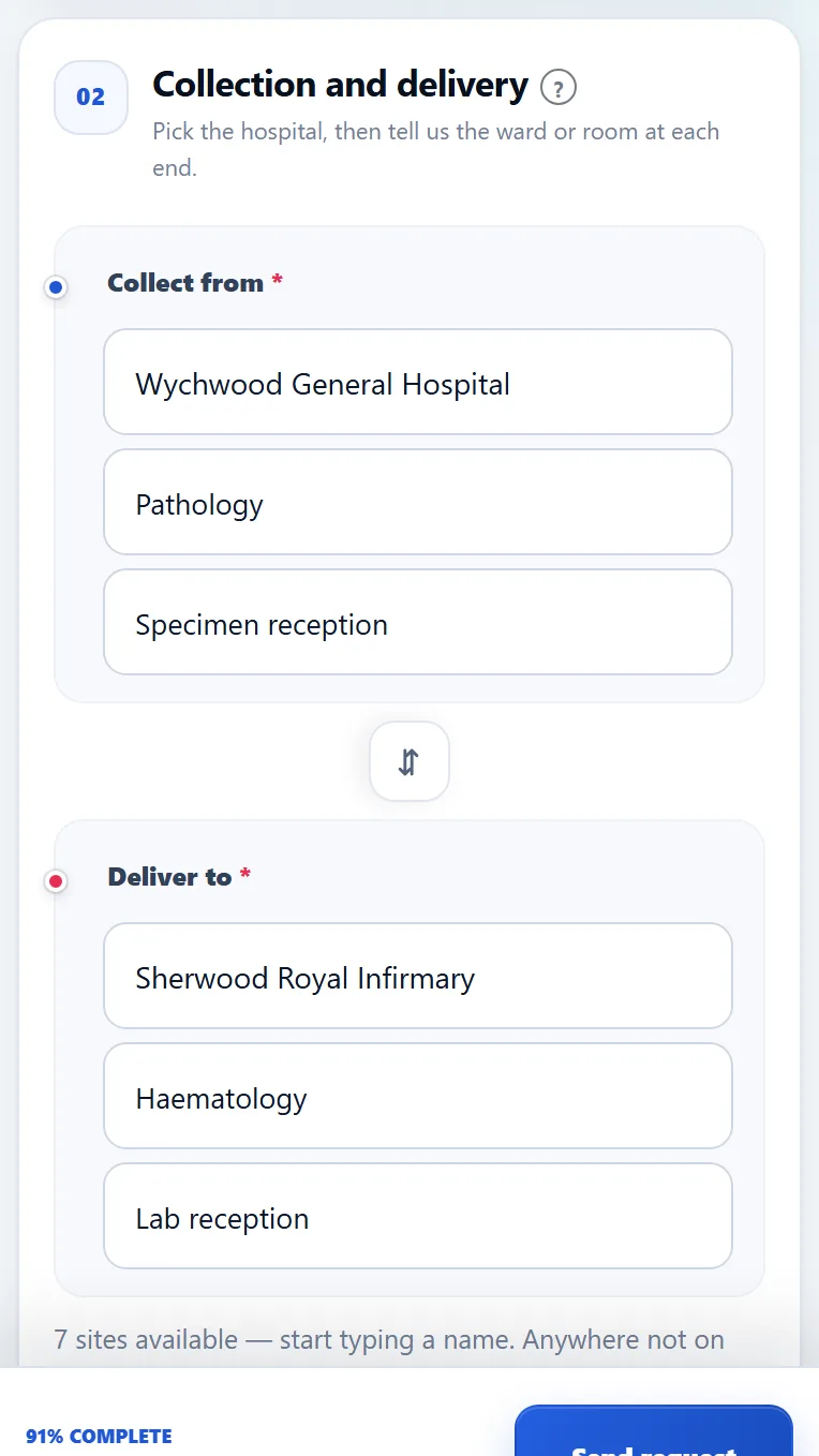 The request form: where to collect from and deliver to