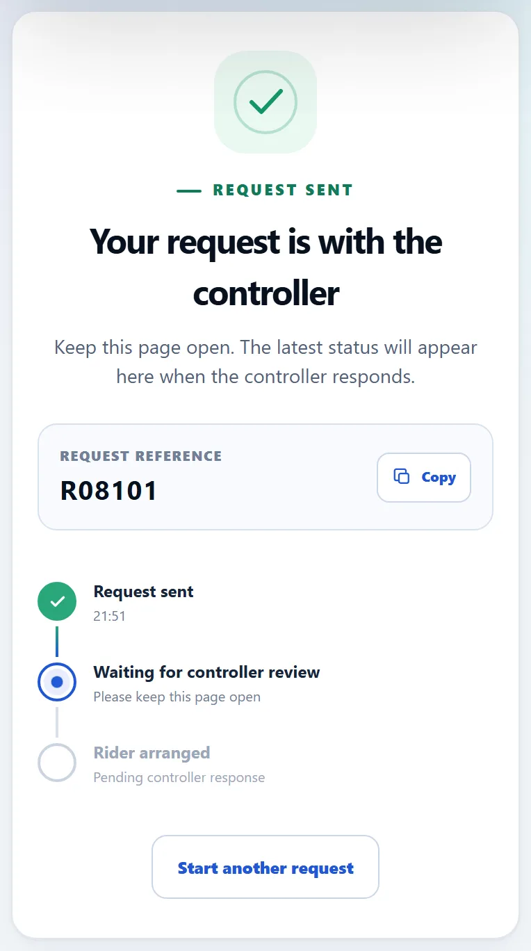 The request sent, with its reference