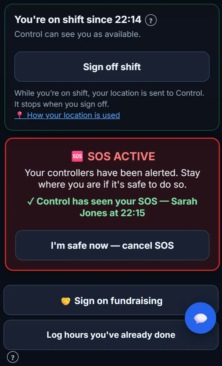 The rider's phone showing SOS active and that Control has seen it