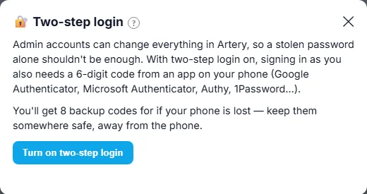 Turning on two-step login