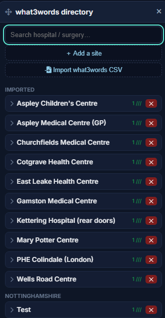 Location directory showing sites, departments and per-door what3words addresses