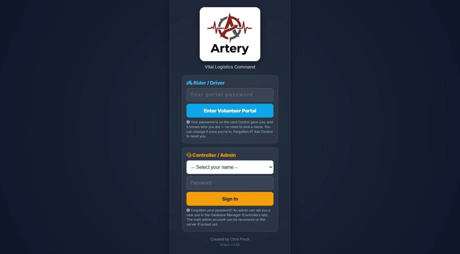 The sign-in page with a volunteer box and a controller and admin box