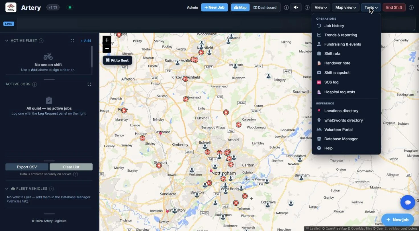 The Tools menu open, listing Job history, Trends and reporting, Shift rota, SOS log, Database Manager and Help