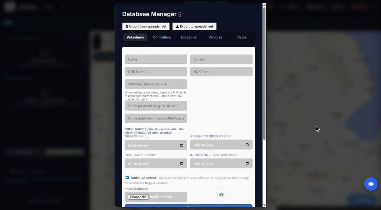 The Database Manager with the Import and Export buttons