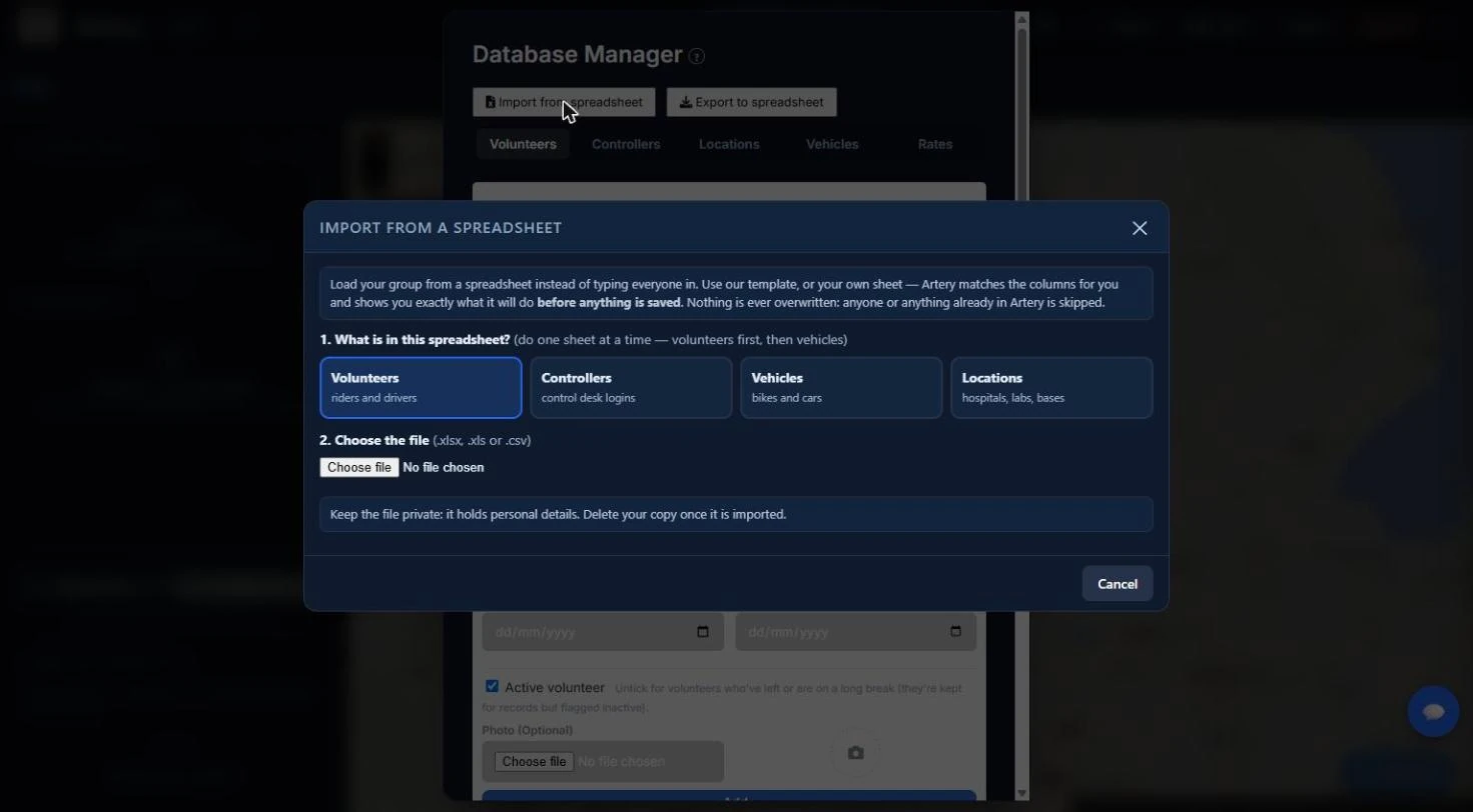 The first import screen: choose what the file holds, then the file