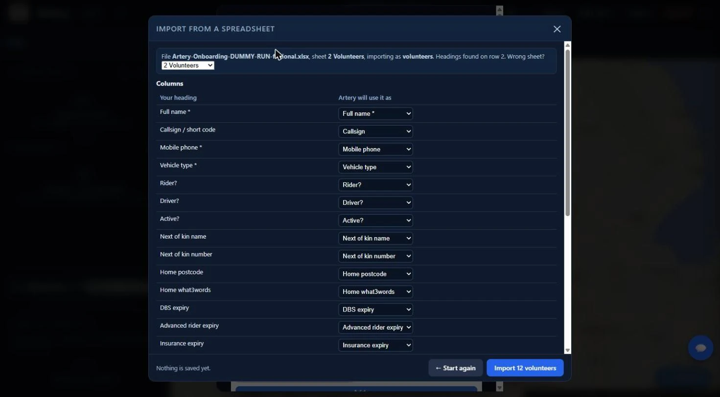 A preview of a volunteers import showing matched columns and which rows will be added