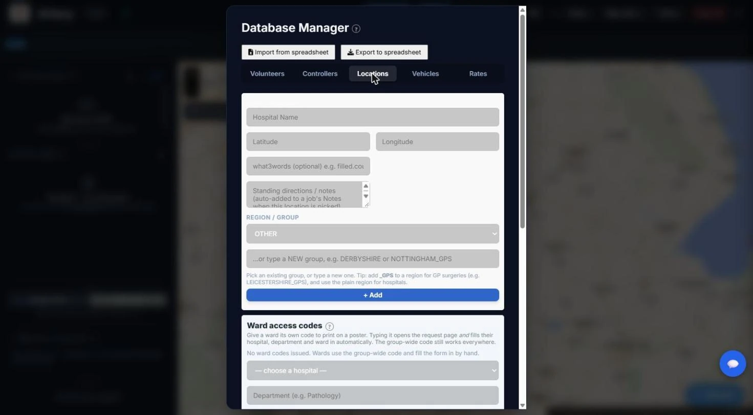 The Locations tab with ward access codes